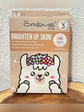 The Crème Shop’s "Brighten Up Skin” Llama Face Mask infused 24K gold Qty 3 Mask